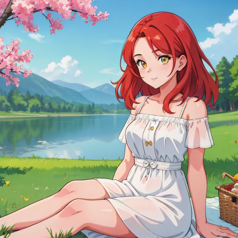 00139-2299588986-1Girl, mature, American, redhead, medium hair, yellow eyes, sitting on a picnic blanket near a lake, elegant summer dress, happy.png